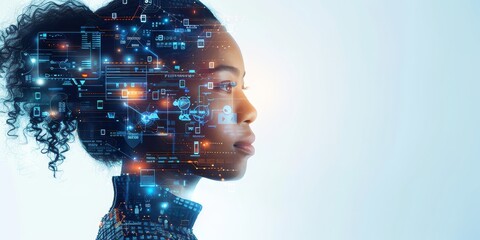 Aufkleber - Profile of a woman with a digital overlay, symbolizing the integration of advanced technology and artificial intelligence in the modern world, Generative Ai