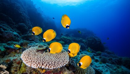 beautiful coral reef and butterflyfish photography in deep sea in scuba dive explore travel activity underwater with blue background landscape in andaman sea thailand