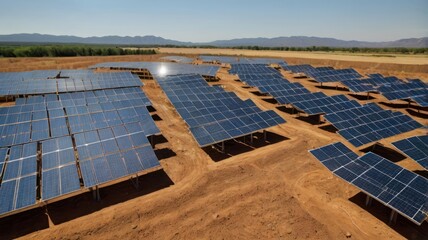A vast array of solar panels set against a clear blue sky in a rural landscape, showcasing renewable energy technology in action.