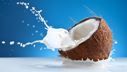 Canvas Print - cracked coconut with splashes of milk on blue background