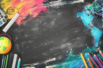 Aufkleber - A chalkboard features bright brush strokes and illustrations of globes, rulers, calculators, and lightbulbs, creating an engaging classroom atmosphere. Generative AI