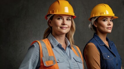 two confident women in work gear and safety helmets, showcasing empowerment in construction and engi