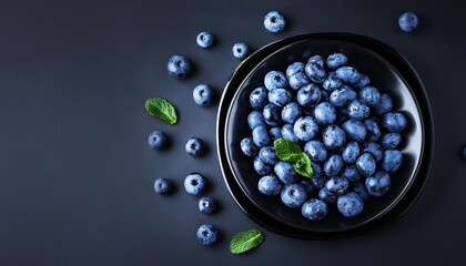 Poster - blueberries in a black plate on a dark background