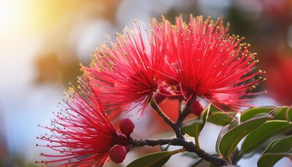 Sticker - red pohutukawa flower against blurred background in new zealand