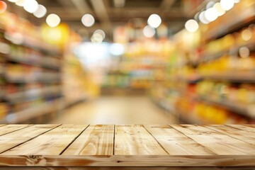 Poster - A Blurred View of a Grocery Store Aisle Featuring a Wooden Table Surface in the Foreground