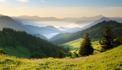 Sticker - serene landscape of lush green mountains with misty valleys trees and wildflowers