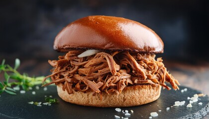 Wall Mural - pulled pork burger on dark background