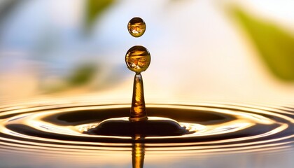 Canvas Print - detailed 3d visualization of a droplet of essential oil falling into water creating ripples and releasing its aromatic essence