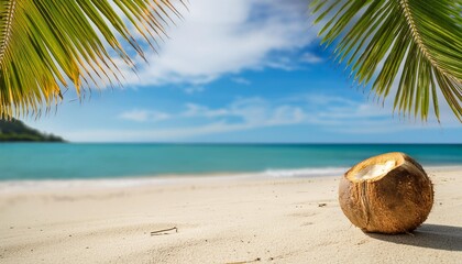 Poster - a tropical beach with a coconut on the sand and palm trees in the background