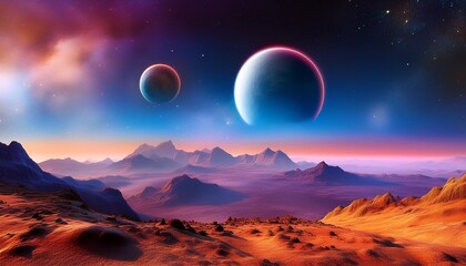 Wall Mural - vibrant digital art of an alien landscape with three moons a nebula in the sky and distant mountains