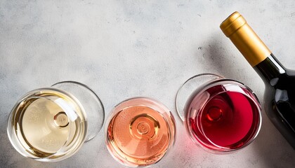 Poster - red white and rose wine in wine glasses and bottles on concrete background top view beverage and wine concept