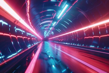 Poster - A train moving through a dark tunnel illuminated by red and blue lights