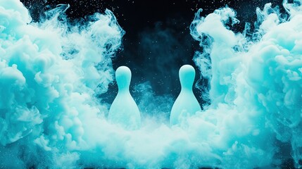 Wall Mural -   Blue & white bowling pins in white smoke on black backdrop