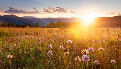 Poster - meadow with wildflowers under the setting sun