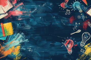 Aufkleber - A chalkboard adorned with vivid brush strokes showcases drawings of education-related items, inspiring a lively atmosphere for learning and creativity. Generative AI