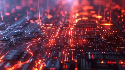 Poster - The image shows a futuristic circuit board with red lights, symbolizing technology
