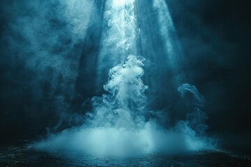 Wall Mural - Dark background, spotlight shining down on the ground, fog floating in front of it.