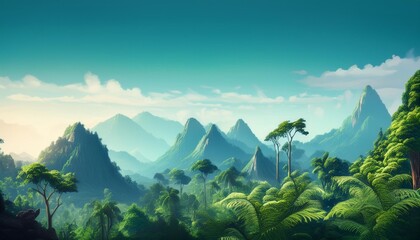 Wall Mural - mountain forest jungle trees background cartoon generative ia