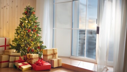 Poster - christmas tree and gift boxes near the window