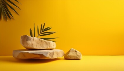 Poster - minimalist composition of stones on a yellow background for product display perfect for adding copy space image