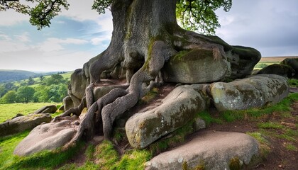 Sticker - the roots of an old oak tree grown over giant boulders peak district uk