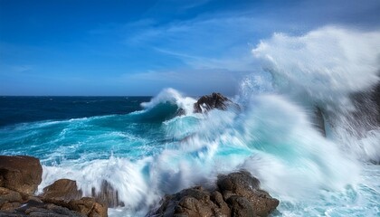 Wall Mural - the image is a blue wave with a rocky shoreline the waves are crashing against the rocks creating a sense of power and movement