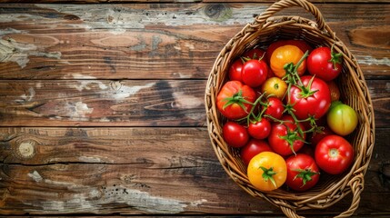 Sticker - Fresh Tomatoes in a Basket on a Wooden Table