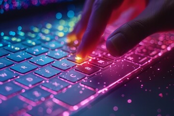 Aufkleber - Vibrant neon-lit keyboard with a finger pressing a key, highlighting modern technology, gaming, and digital communication, showcasing the colorful elements of tech devices, Generative Ai