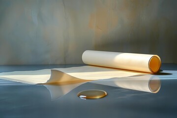 Poster - Roll of baking paper lying on a table with a drop of oil reflecting in the surface
