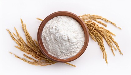 Poster - top view of rice flour in bowl with rice ears isolated on white background