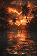 Poster - Peaceful scene of a serene sunset over calm waters with palm trees, perfect for relaxation or travel-themed projects