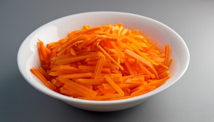 Wall Mural - pieces of raw chopped carrots in a white bowl on a gray background julienne carrot