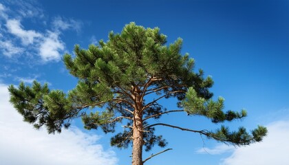 Wall Mural - tall pine tree on a blue sky background