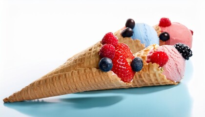 Canvas Print - sweet ice cream with berry fruits in waffels