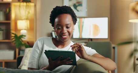 Poster - Home, relax and black woman on couch, tablet and internet with connection, playing online game and website info. African person, apartment and happy girl on sofa, tech and social media in living room
