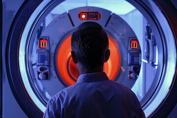Poster - Scientist is standing in a laboratory and looking at a big machine with an orange light