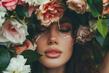Poster - A woman's face covered with flowers, a unique and creative look