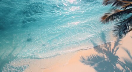 Canvas Print - Tranquil Shoreline With Palm Trees and Crystal Clear Waters at Sunrise