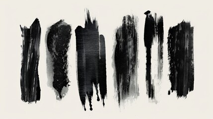 Aufkleber - A range of varied black brushstrokes and patterns displayed on a white background, presenting an abstract composition rich in texture and characterized by organic shapes.