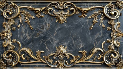 Poster - A luxurious gold frame sits atop a sleek black marble wall, perfect for decorative purposes or as a statement piece