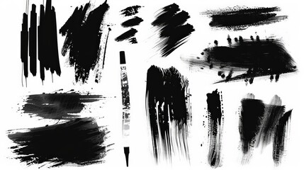 Fototapete - The image showcases an array of diverse black brushstrokes, each with variety in texture and form against a white canvas, embodying fluidity and artistic expression.