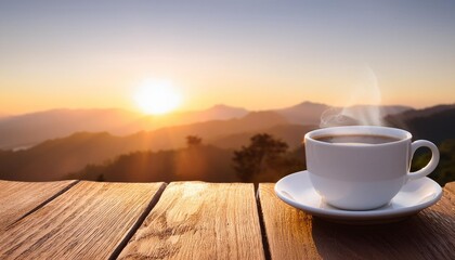 Sticker - cup of coffee on wooden table at sunrise