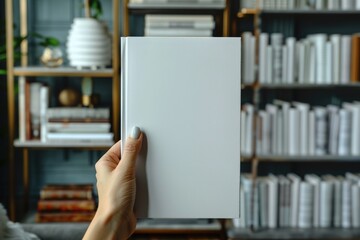 Hand holding a blank white magazine template on a gray background with a stack of paper.