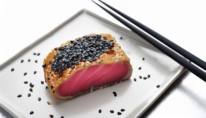 Canvas Print - fried tuna steak in black sesame with chopsticks