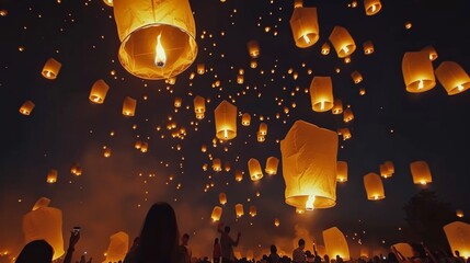 Aufkleber - Numerous glowing paper lanterns float gracefully against the dark night sky during a lantern festival, creating an enchanting and serene atmosphere for all the observers.