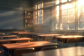 Sticker - Sunlight Streaming Through Empty Classroom Desks in Afternoon