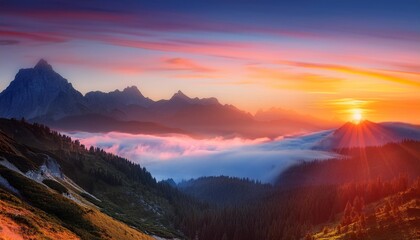 Poster - surreal mountain landscape at sunrise with vibrant colors and mystical fog