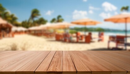 Wall Mural - wooden table and blur beach cafes background