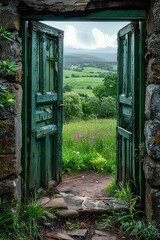 Wall Mural -   An open green door leads to a lush green valley and a lush green field with wildflowers in the foreground