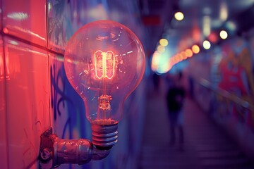 Wall Mural - Neon Brain Bulb in a Busy Street Illuminating Urban Nightlife and the Flow of City Thoughts.